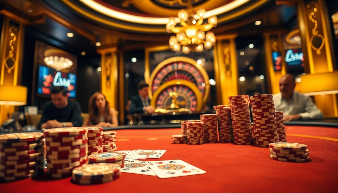 Exciting casino scene at https://lsa.jp.net/ showcasing poker action and roulette wheel in opulent setting.