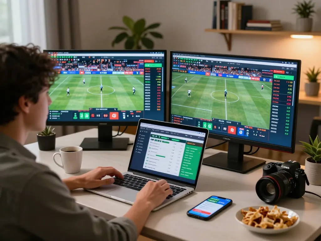 Engaging sports betting moment showcasing a user analyzing live odds with 888NEW on multiple screens.