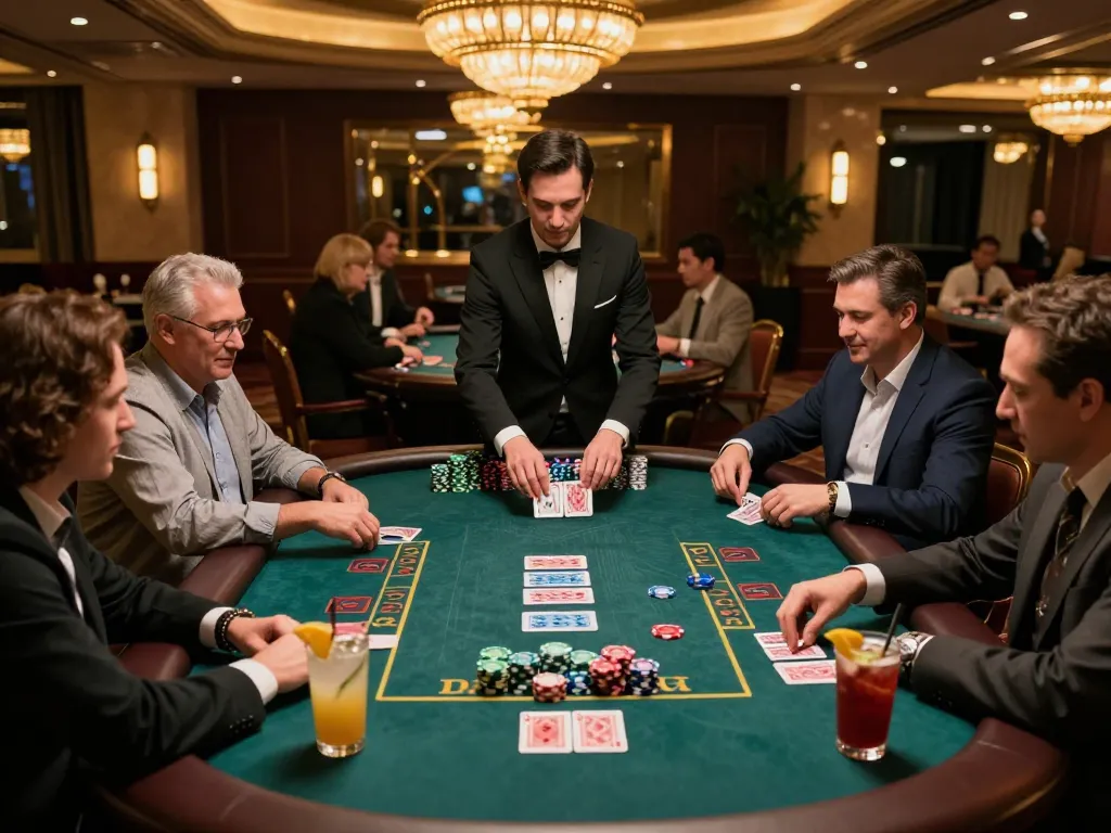 7m players engaging in a high-stakes blackjack game showcasing strategic bets and lively atmosphere