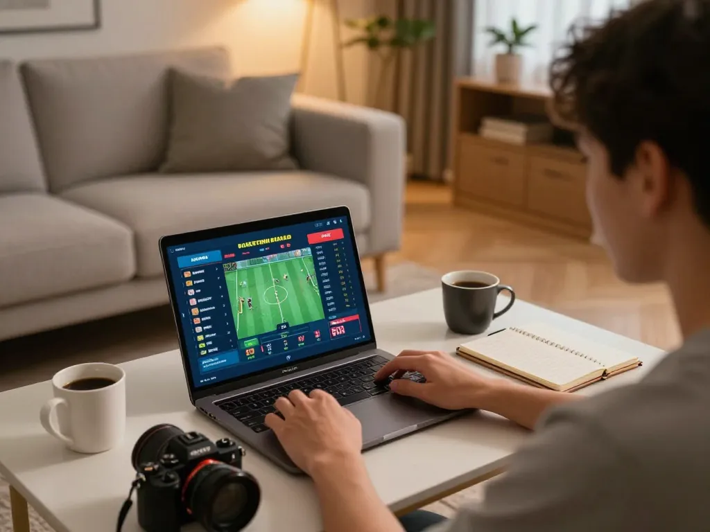 Engaged user analyzing sports betting odds on tylekeonhacai88 in a cozy home setting