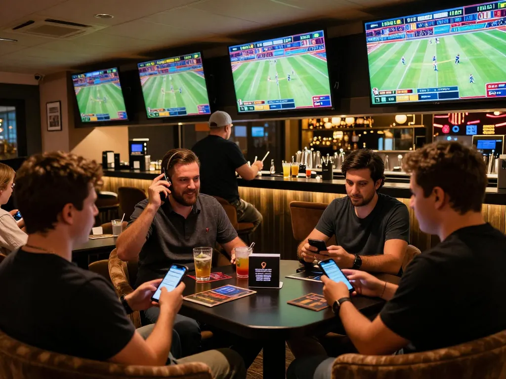 Net88 bettors celebrating big wins while engaging in real-time sports betting in a lively lounge.
