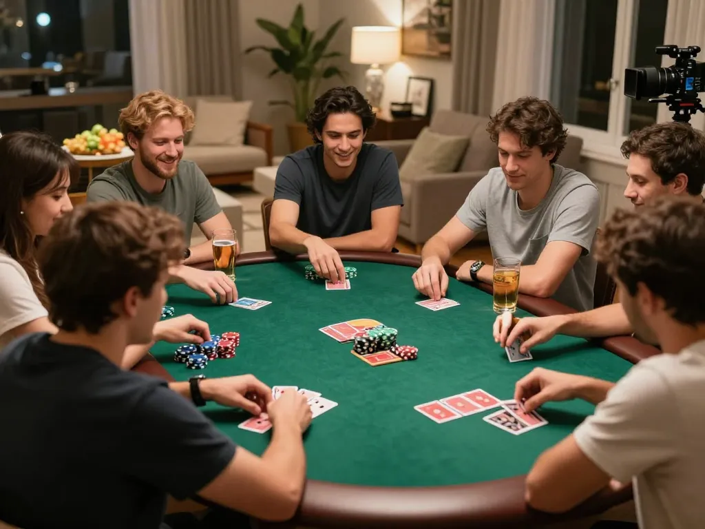 Friends engaged in a lively poker game at home, showcasing the excitement of social gambling with 7m among chips and cards.