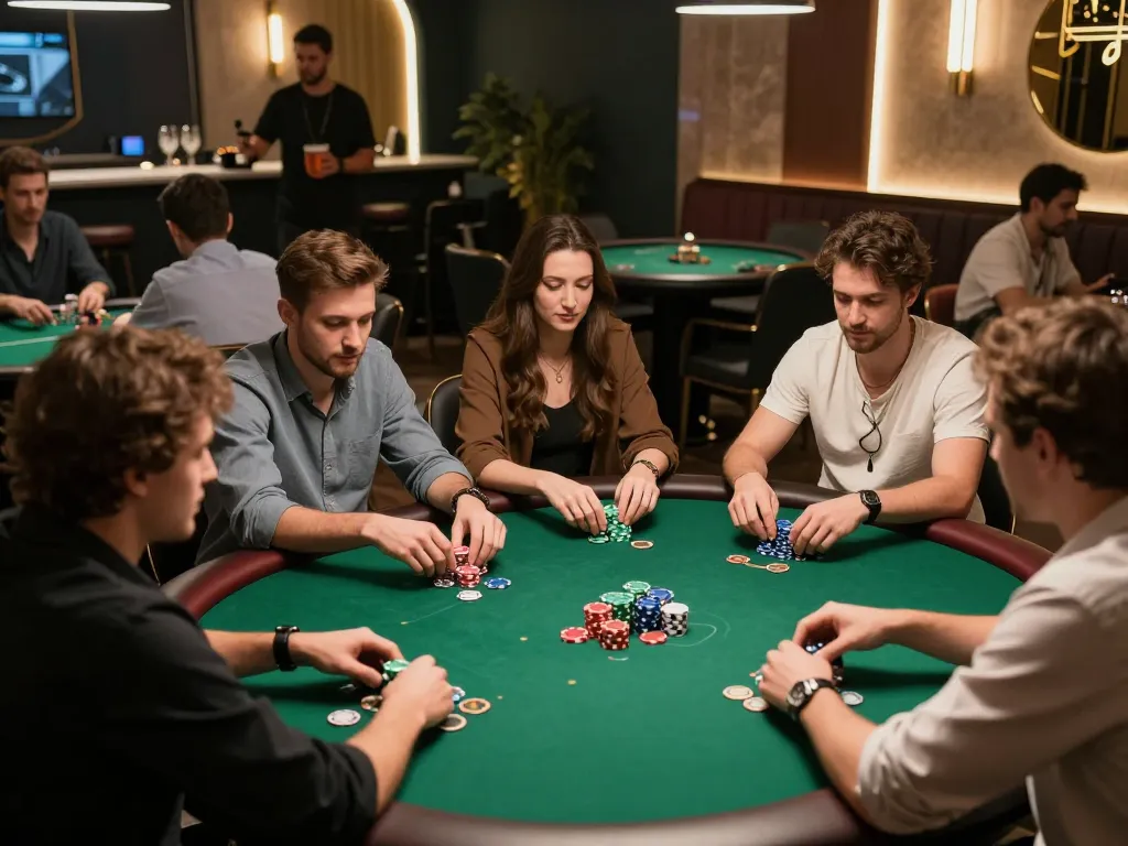 Players engaging in poker at a modern lounge, enjoying 68gamebaivn vibes of high-stakes excitement.