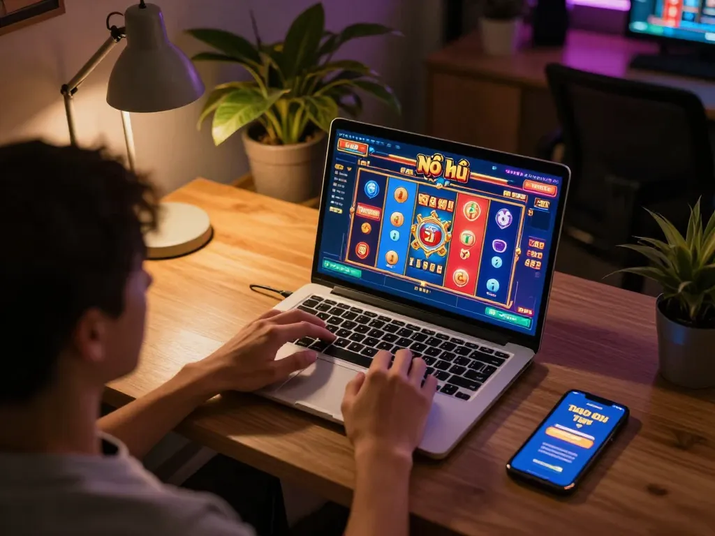 Nổ hũ online gaming scene with a player engaged in a colorful slot game on laptop
