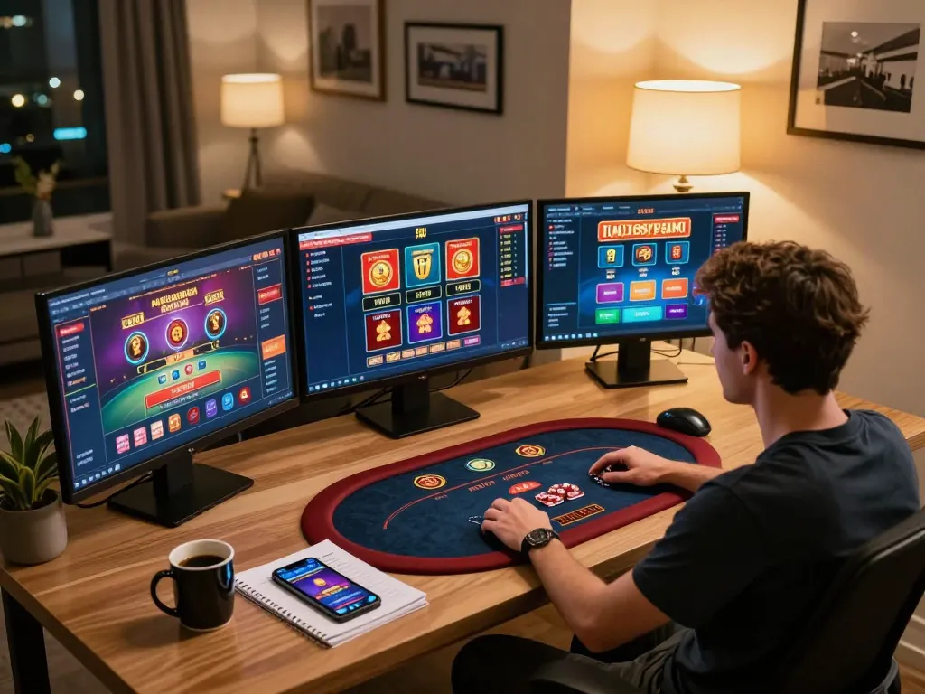 A player enjoying the immersive kwin online gambling experience on a stylish home setup with multiple screens.