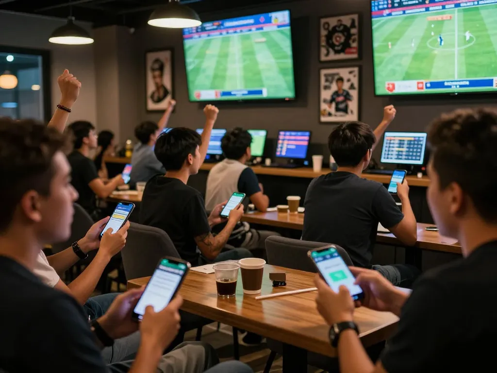 Fans engaging with keobongda sports betting app in an exciting lounge atmosphere.