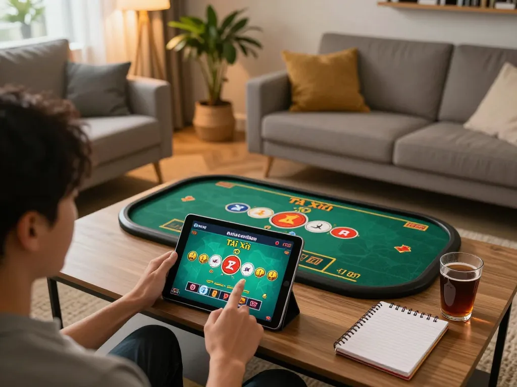 Tải xỉu online uy tín with live dealer gameplay on tablet in a cozy home setup.