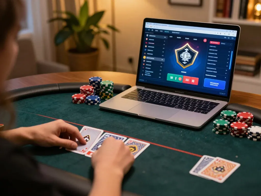 Okfun players engaged in an online poker game, showcasing a strategic setup at home.