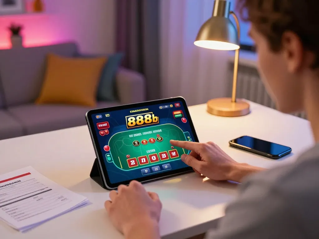 Player strategizing with 888b casino app while betting on poker game at home.