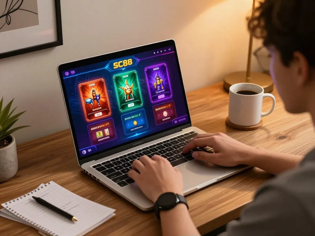 SC88 user engaging in online casino gaming with laptop at home.