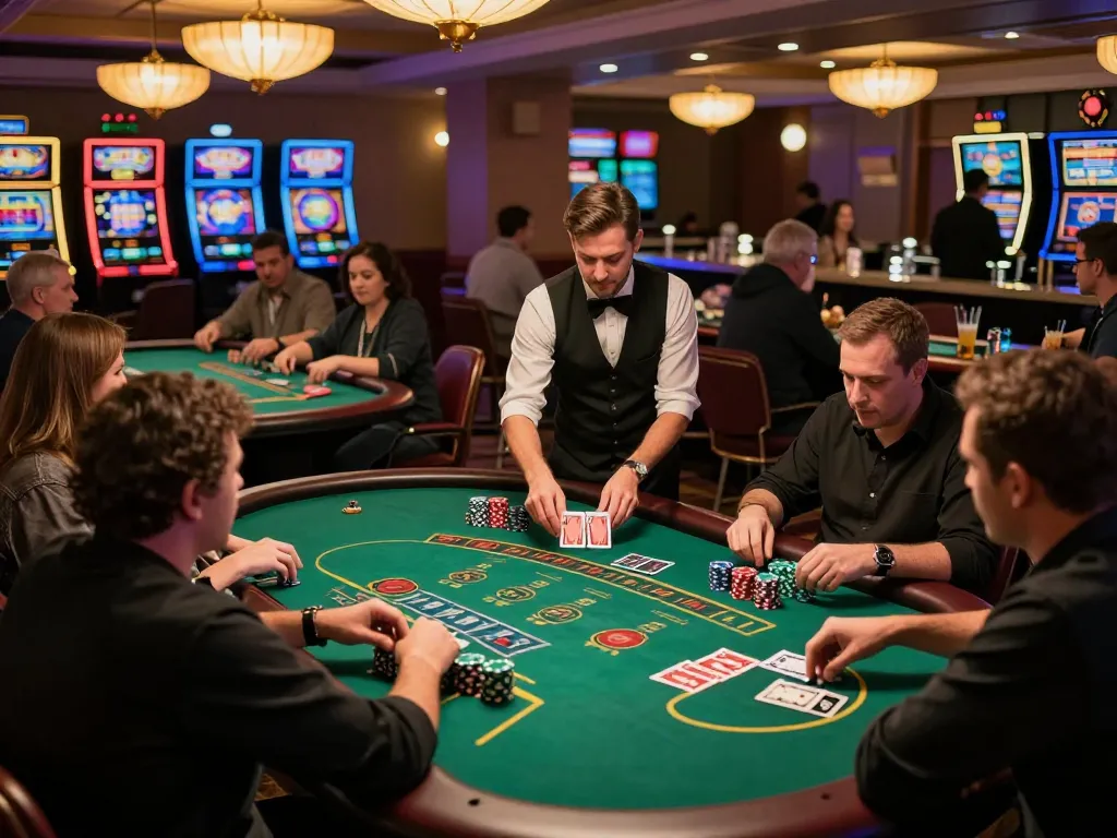 Players engaging in game bài đổi thưởng at blackjack tables, creating a lively casino atmosphere.