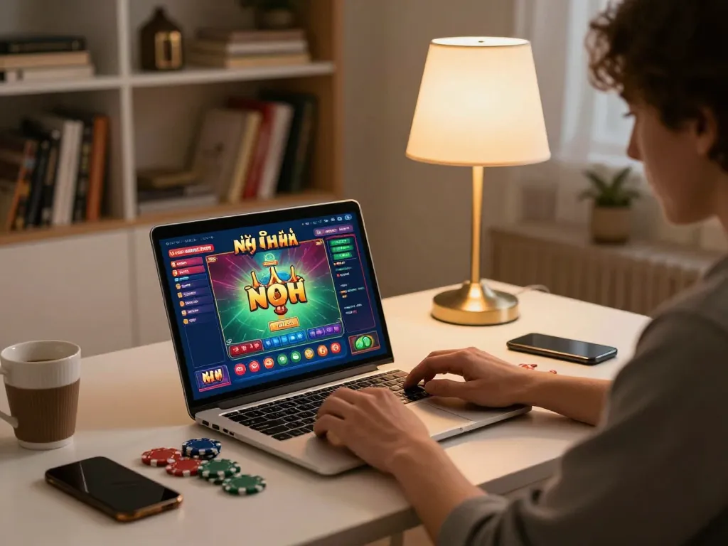 Nổ hũ strategy session with a player enjoying online casino gaming on a laptop, warm home lighting.