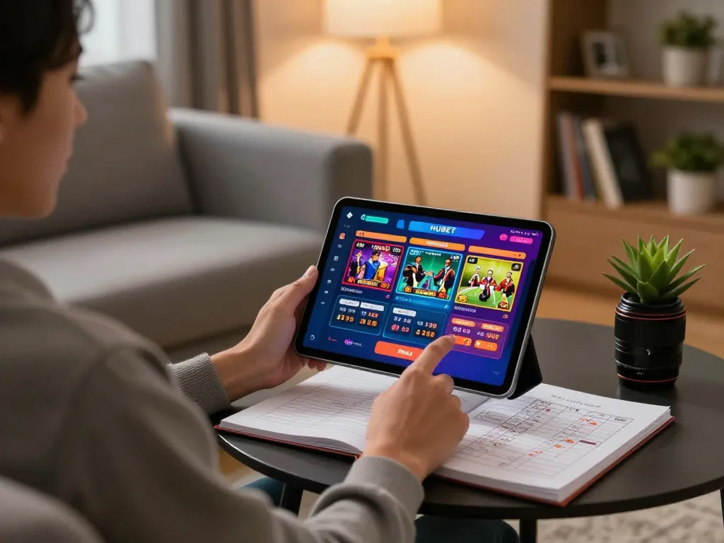 Engaging with HUBET on a tablet for responsible online gambling in a cozy home environment