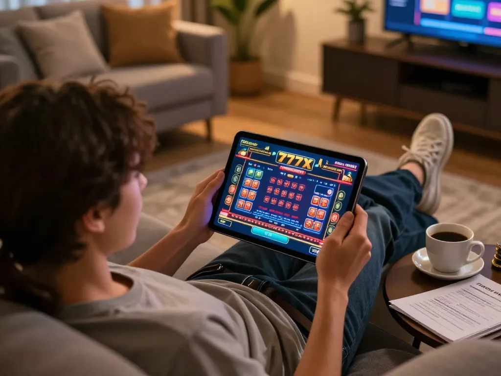 Engaged player using 777x tablet app in a cozy home setting, illustrating online gaming excitement.