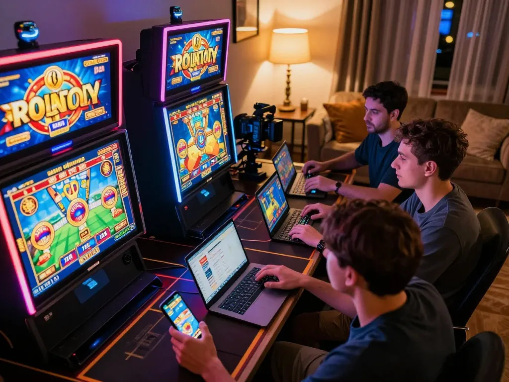 Players enjoying exciting online games at 78win in a cozy home environment with vibrant slot machines.