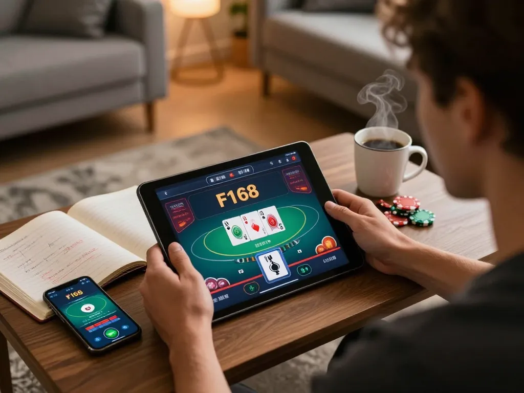 F168 online player analyzing poker strategies on tablet at home setting.