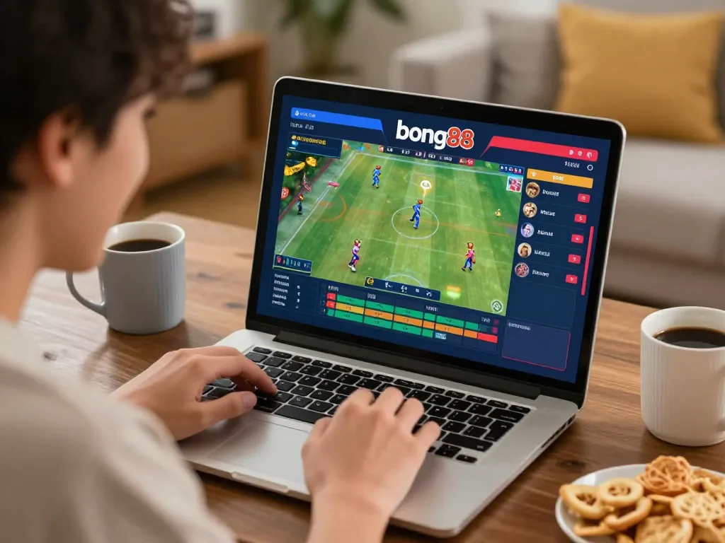 Bong88 sports betting action with a player engaged on laptop in a cozy home setting.