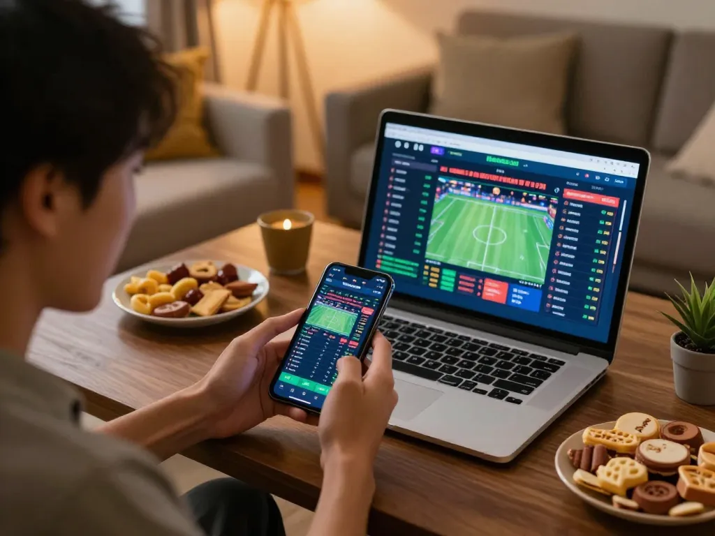 Person engaging with nhandinhkeonhacai sports betting app during an exciting match.