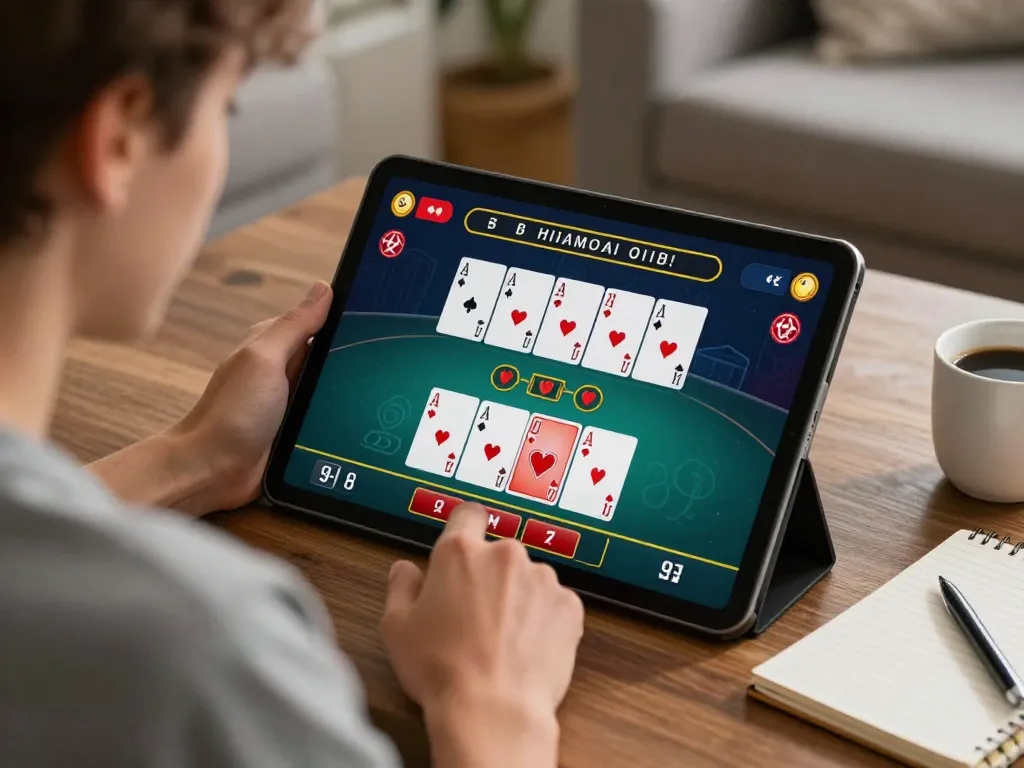 Experience the thrill of online blackjack with 789WIN, featuring a player at home immersed in their game.