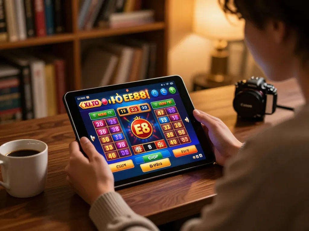 Xổ Số EE88 gameplay on tablet in cozy home setting, highlighting strategic betting options.