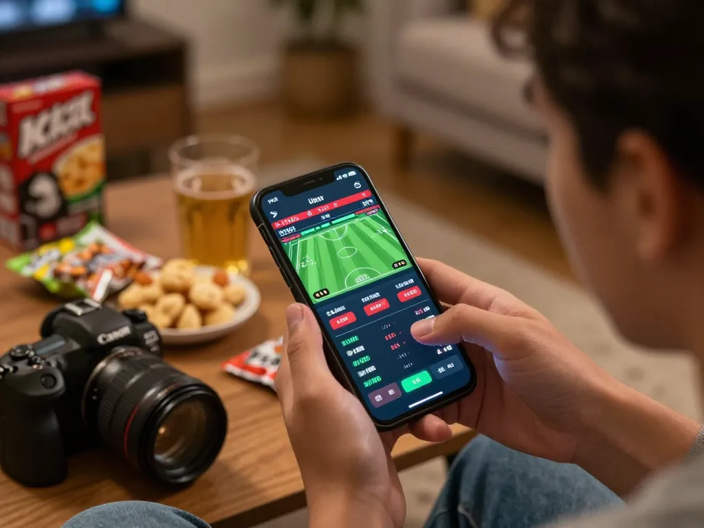 Bongdalu user checking real-time sports betting odds on smartphone while enjoying a home setup.