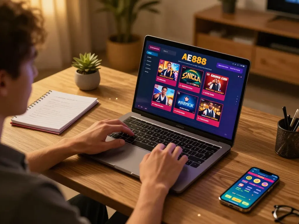 Engaged player enjoying AE888 live dealer games from a cozy home setup.