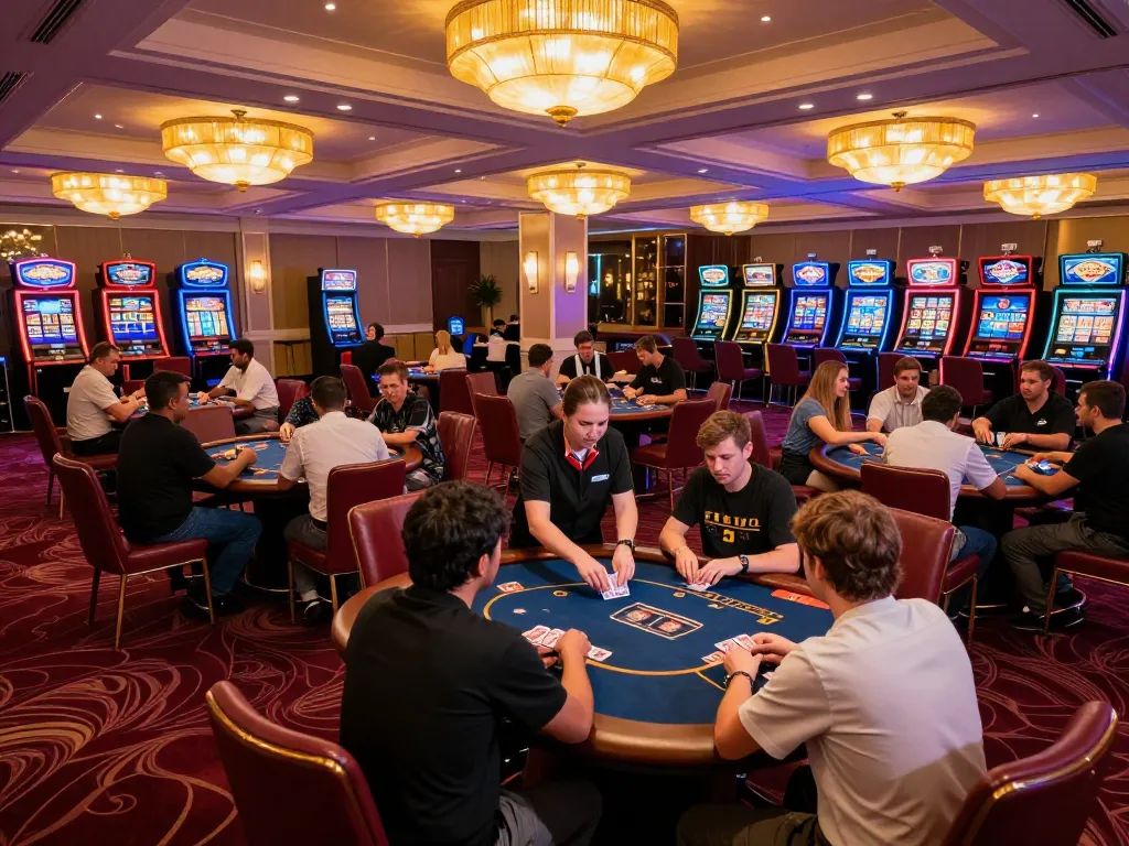 Gaming action at the rr88 center casino, with players competing at poker tables in a vibrant atmosphere