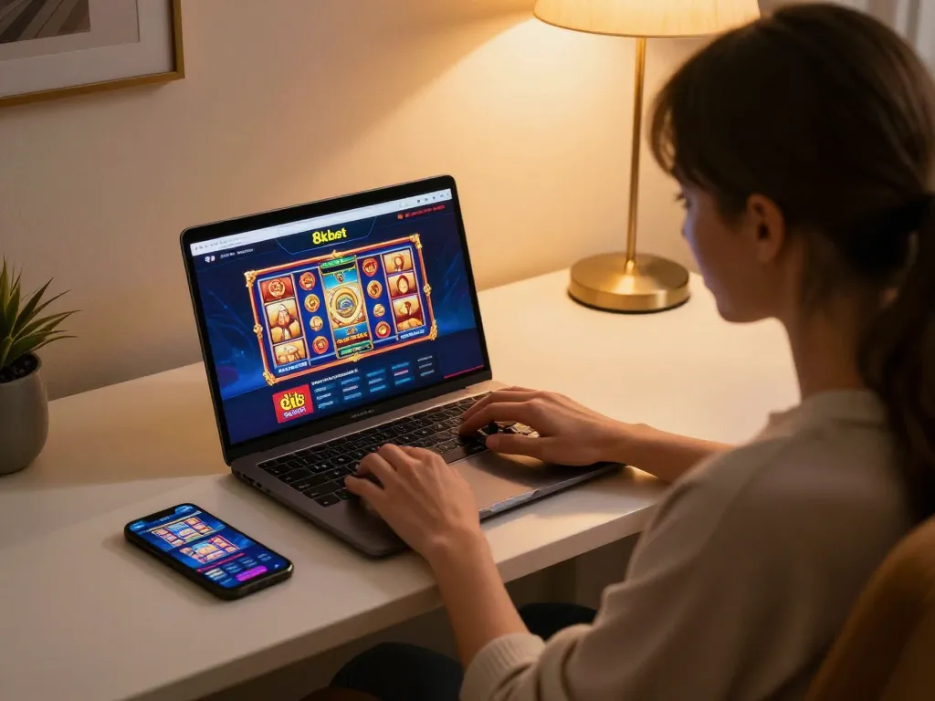 Player exploring various game features on 8kbet's online casino platform in a cozy home setting.