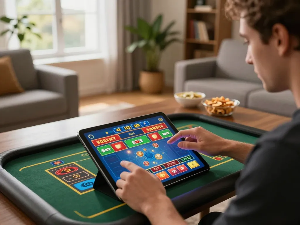 Player engaging in online casino games on tablet, showcasing lsa gaming interface in cozy home environment