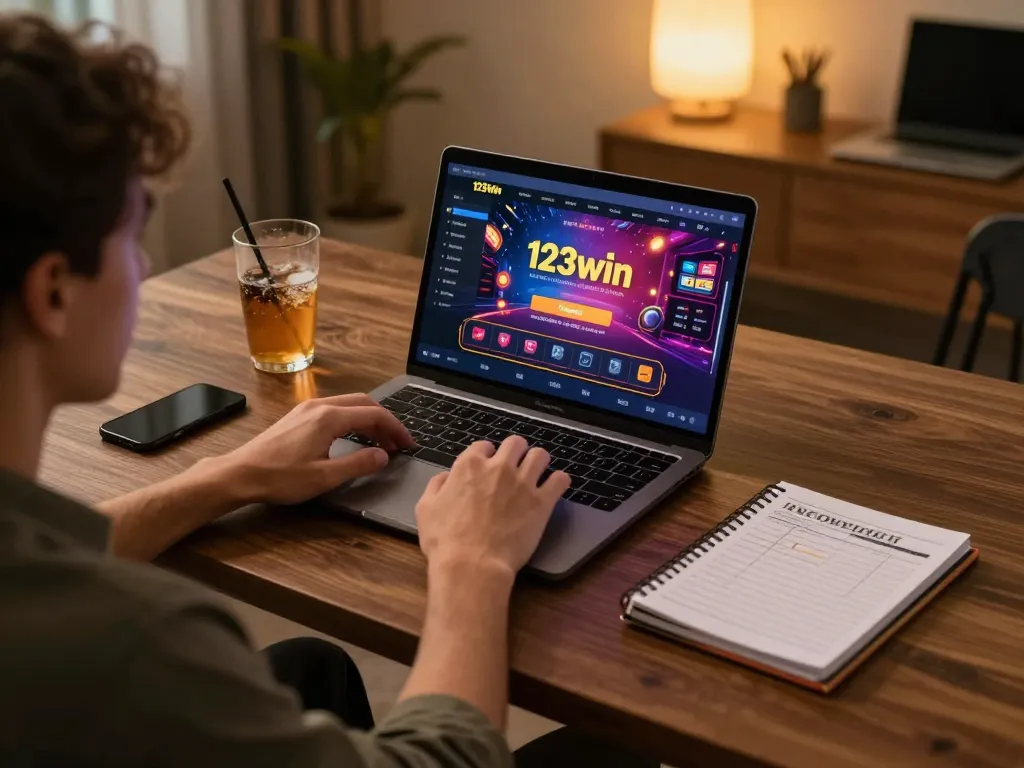 123win online gaming experience with user engaged on laptop showcasing vibrant casino graphics.