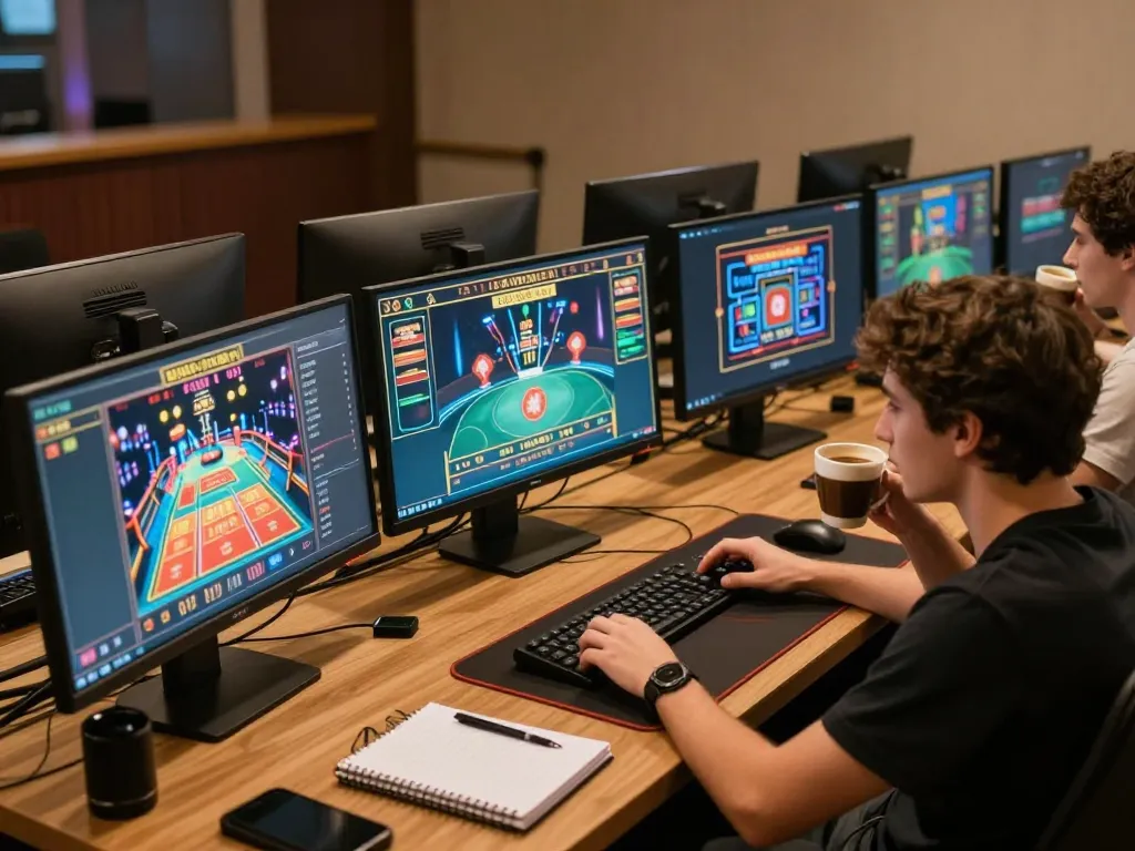HB88 player strategizing while gaming online at a professional setup with multiple screens.