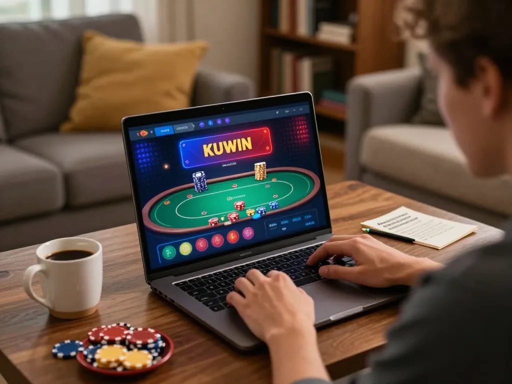 Player using KUWIN online casino on laptop at home, showcasing poker gameplay with snacks and notes.