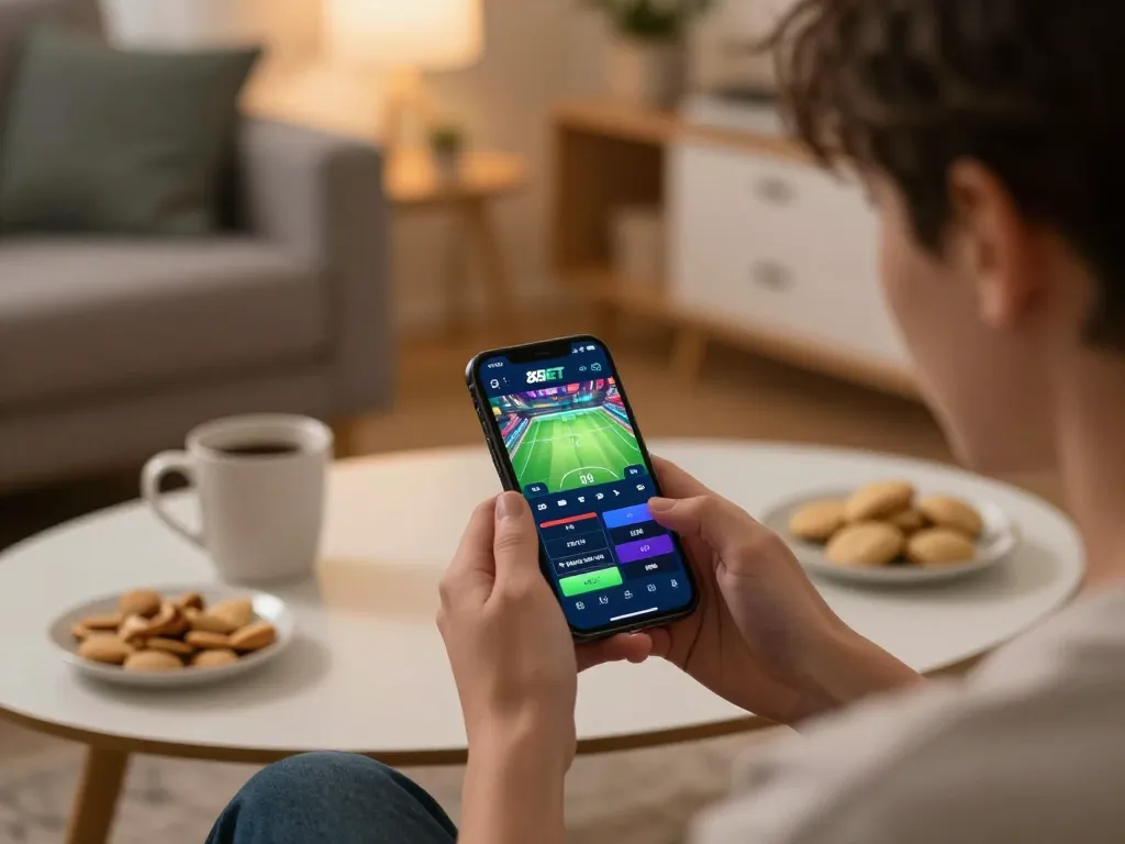 8XBET user engaging in mobile sports betting with vibrant app interface in cozy home setting.