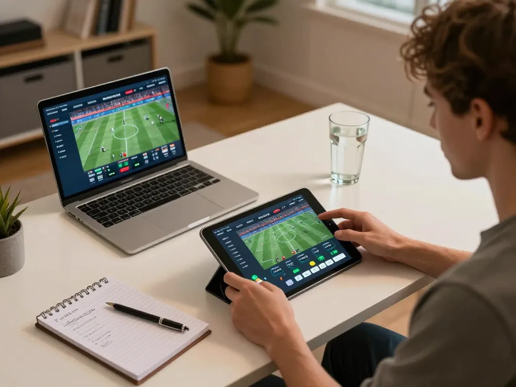 Engaging with GK88 sports betting app on tablet while analyzing game strategies at home