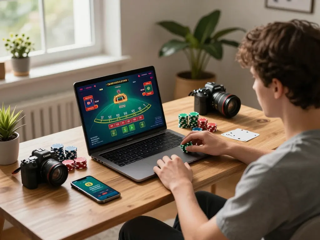 Engaged player at home enjoying game bài đổi thưởng on laptop with digital chips, creating an immersive online casino atmosphere.