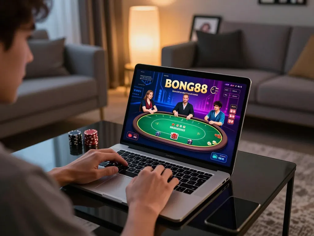 BONG88 player engaging in online casino gaming with a stylish laptop and vibrant interface.