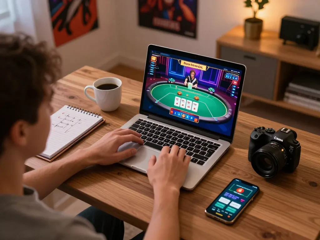 Playing poker online at home with mb668 strategies and gaming setup shown on laptop