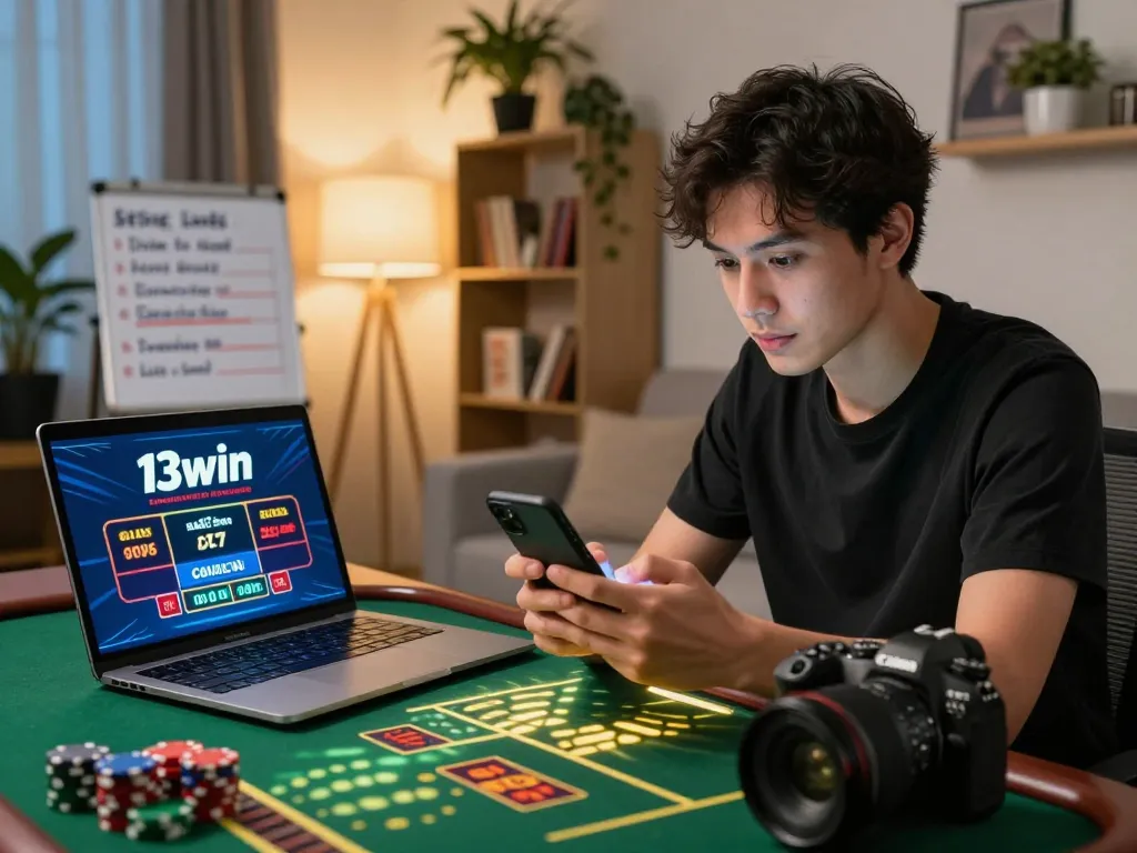 Engaged user playing at 13win casino on a smartphone and laptop in a cozy home space.