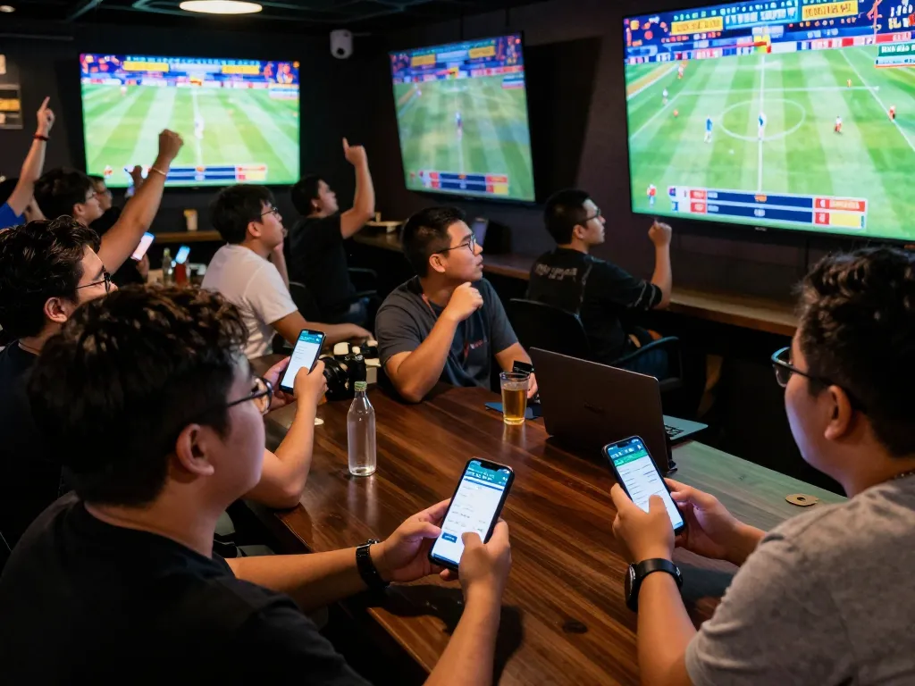 Engaging sports bettors using kubet app during live game, showcasing excitement and interaction.
