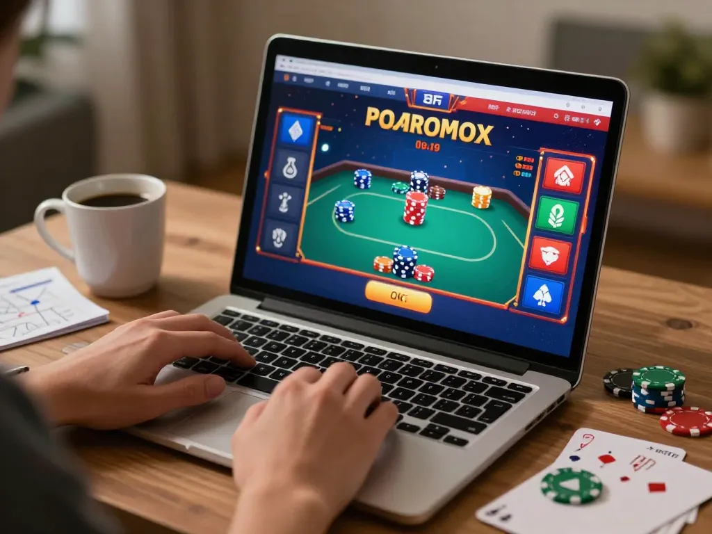 13Win poker gameplay on a laptop with strategic notes, showcasing exciting online gambling.