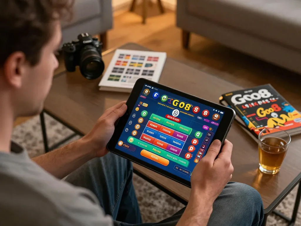 Engaged player enjoying Go8 games on a tablet with betting strategy notes visible.