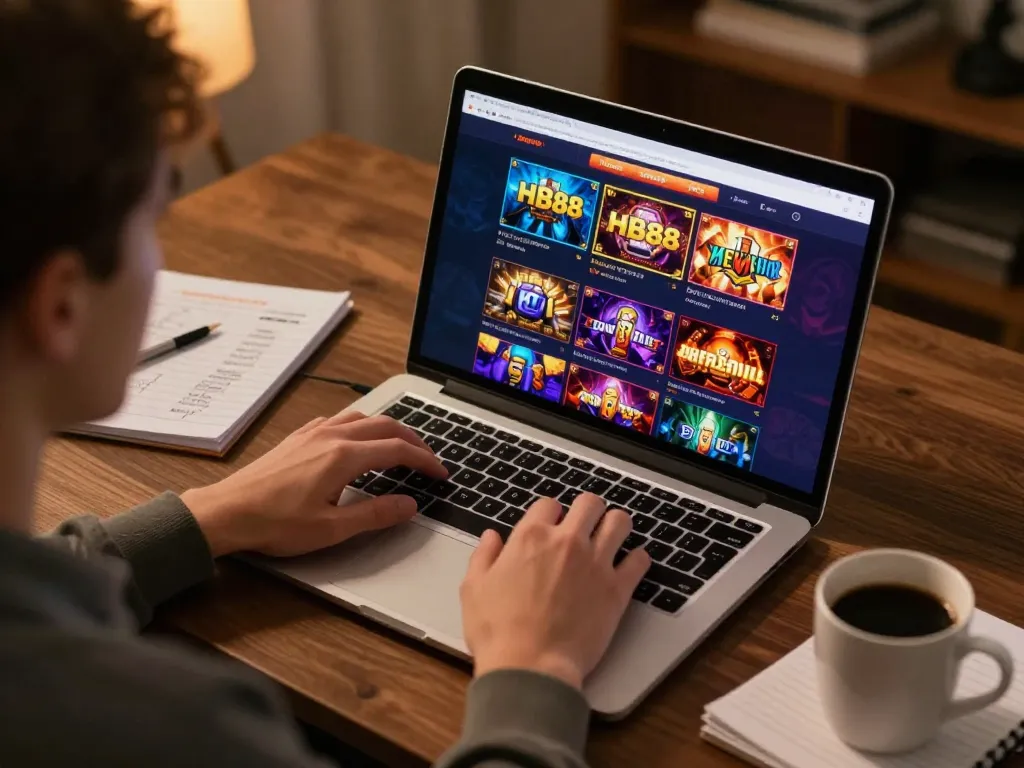 Engaging online casino session showing HB88 interface on laptop with vibrant graphics in a cozy home setting.