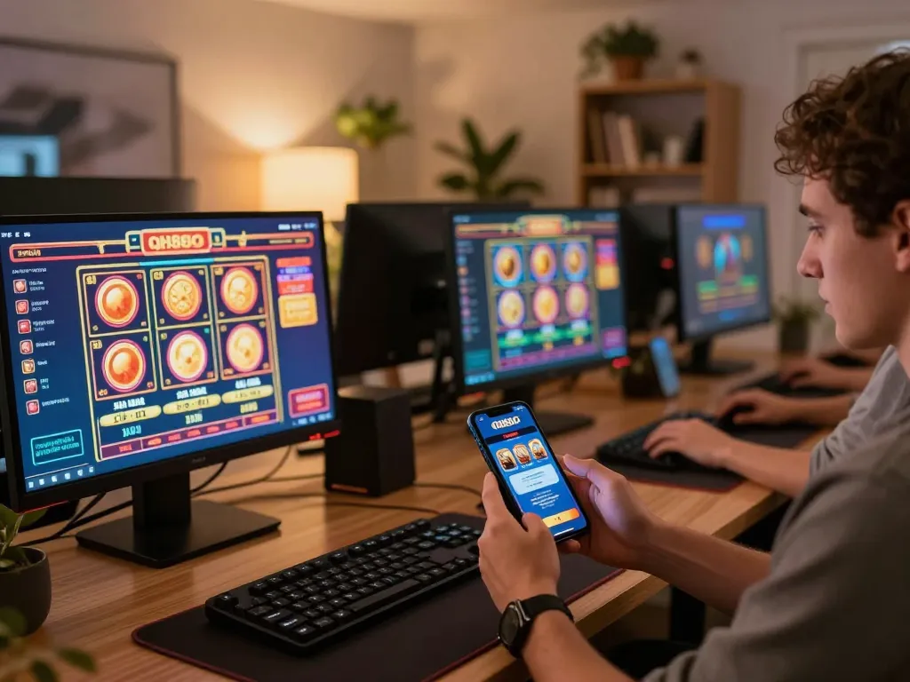 A passionate player engaging with the qh88go casino app on their smartphone in a stylish home gaming setup.