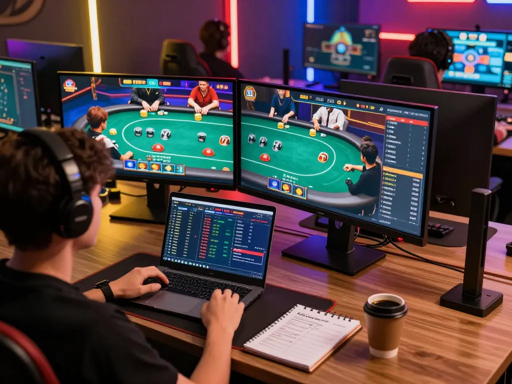 Engaging in an intense game bài session on multiple gaming screens and laptop, showcasing strategic gameplay.