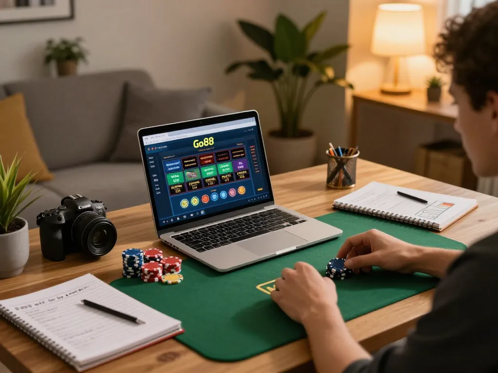 Engaging with Go88 online casino platform on a laptop in a cozy home setup.