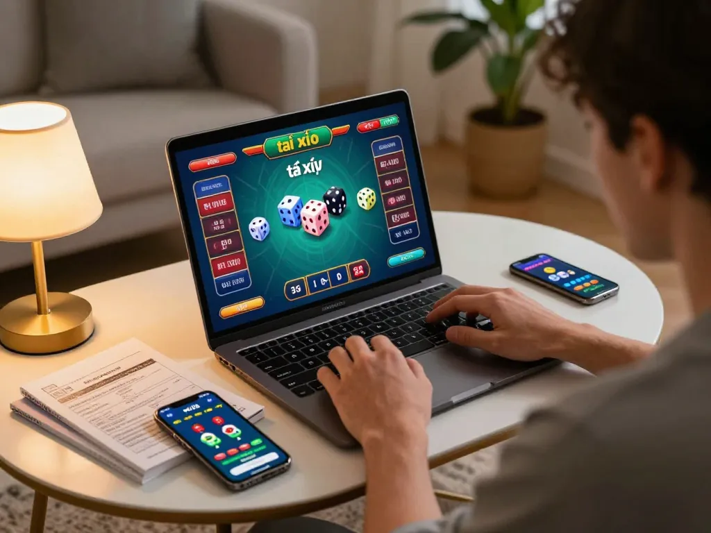 Experience the excitement of tài xỉu online with a player focused on their laptop screen showing betting options and dice.