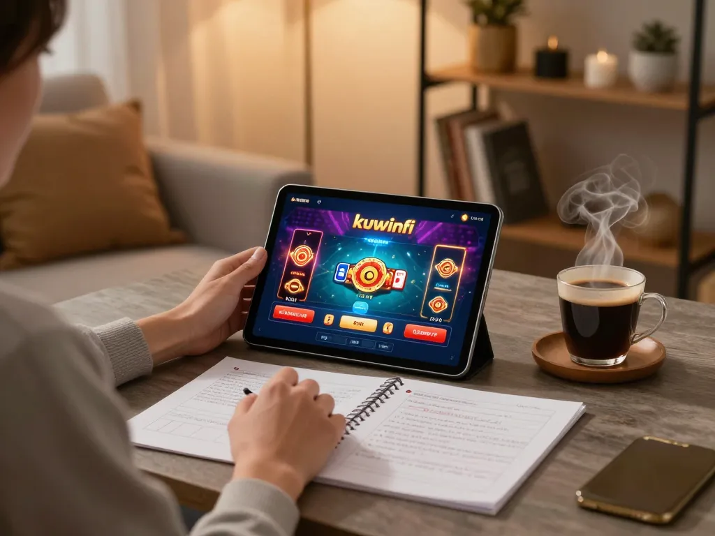 Player enjoys an online game on kuwinfi, surrounded by strategy notes and warm lighting.