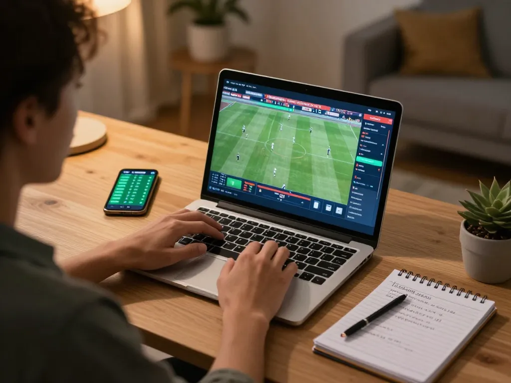 Engaging in online sports betting with fc88, showcasing live odds and strategic notes in a cozy home setup