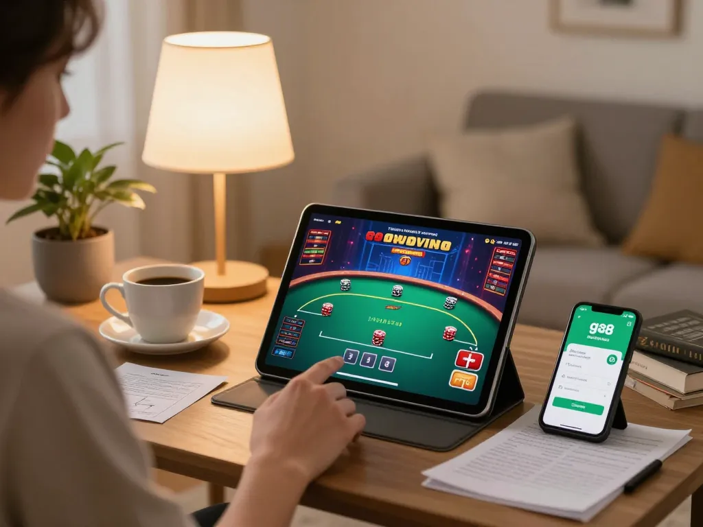 Player enjoying a poker game on go88 app in a cozy home environment, highlighting strategic gameplay.