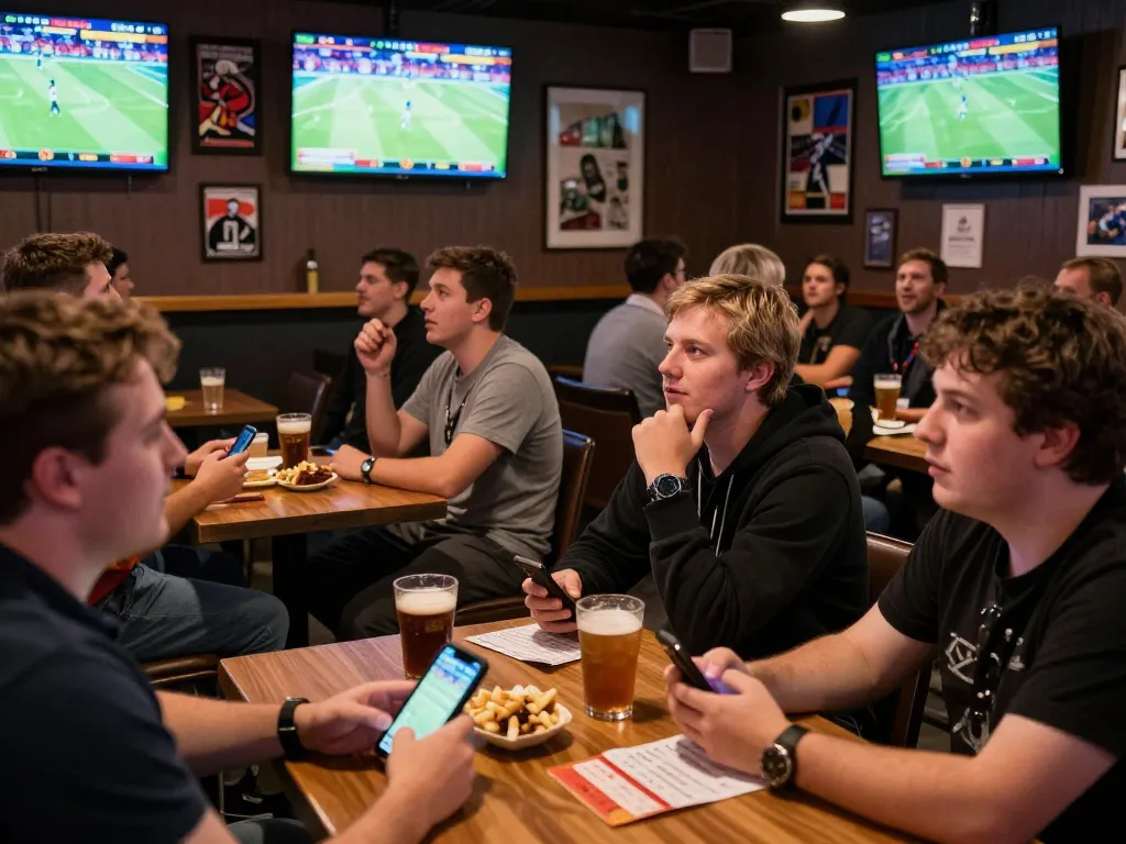 KQBD sports betting fans actively engaged with live match, excitement visible in a vibrant lounge.